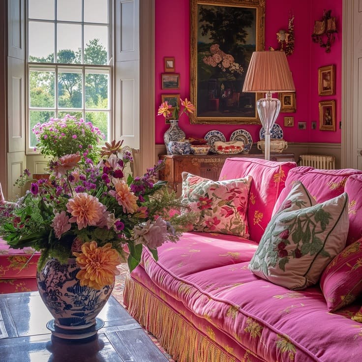 A rosy retreat filled with florals, antiques, and countryside charm