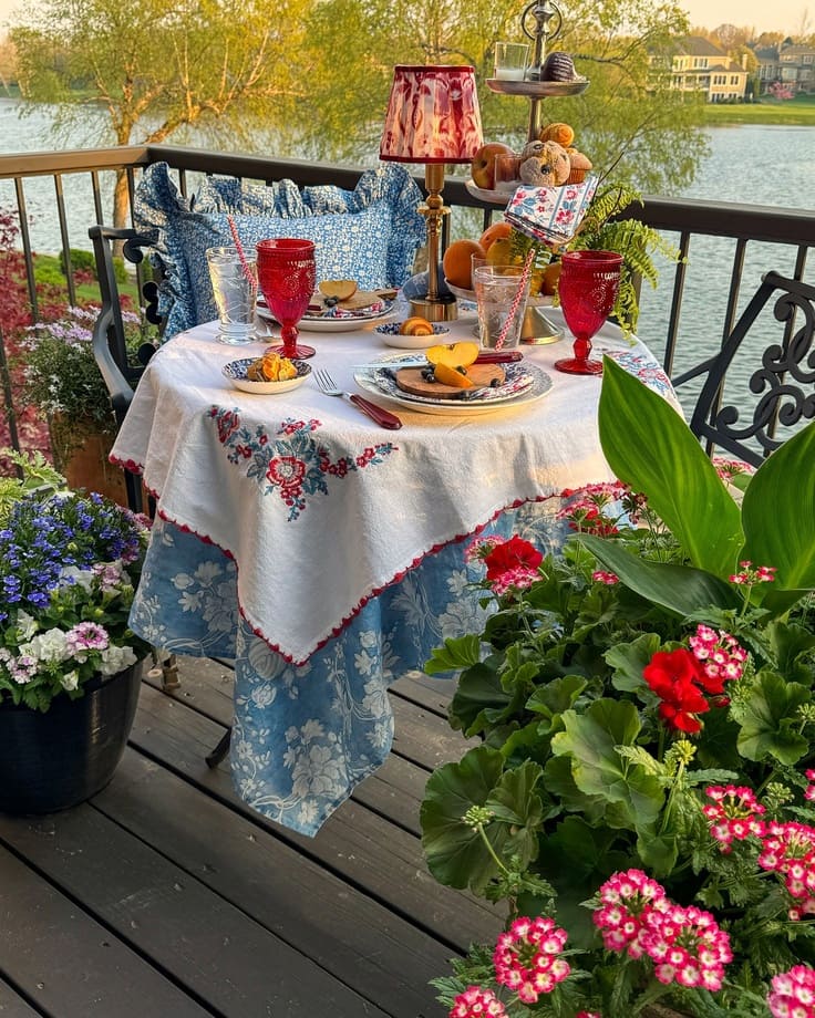 Vintage linens, garden blooms, and lakeside charm