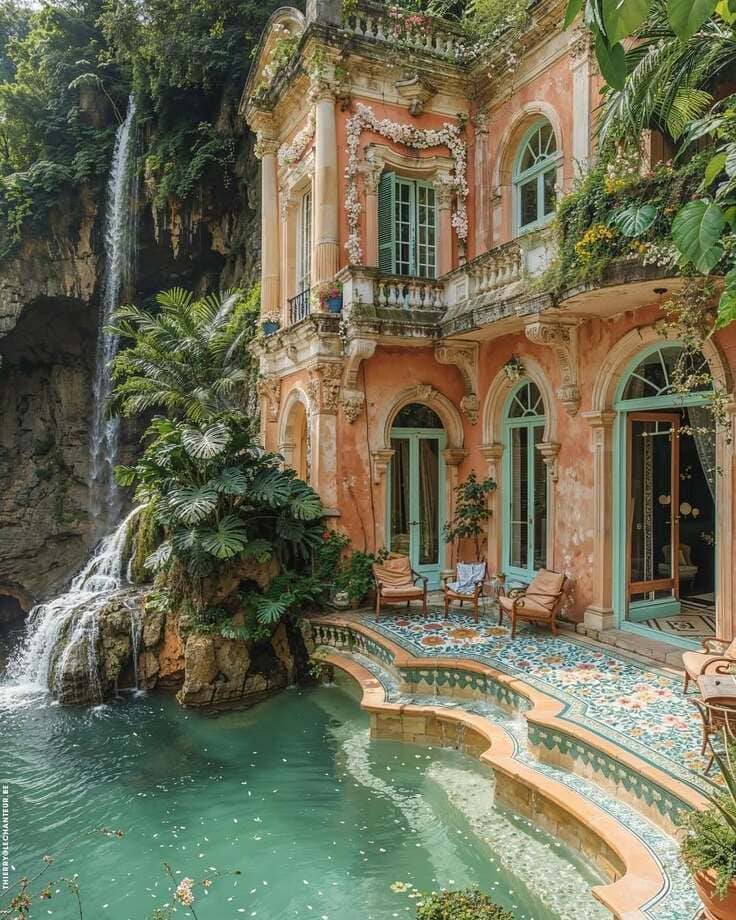 Terracotta walls, turquoise waters, and lush greenery