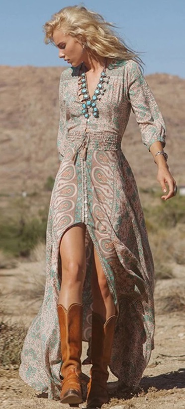 bohemian leather boots and maxi dress