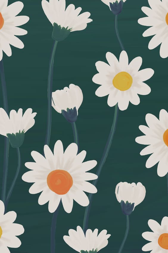 Fun white flowers painted on dark green background wallpaper