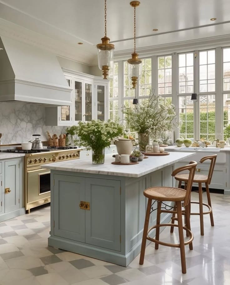 Elegant kitchen with soft pastel green cabinetry, brass fixtures, white marble countertops, and oversized windows flooding the space with light
