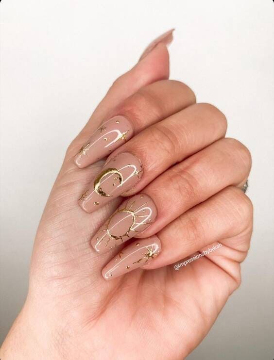 Gold Sun Moon Stars Press On Nails