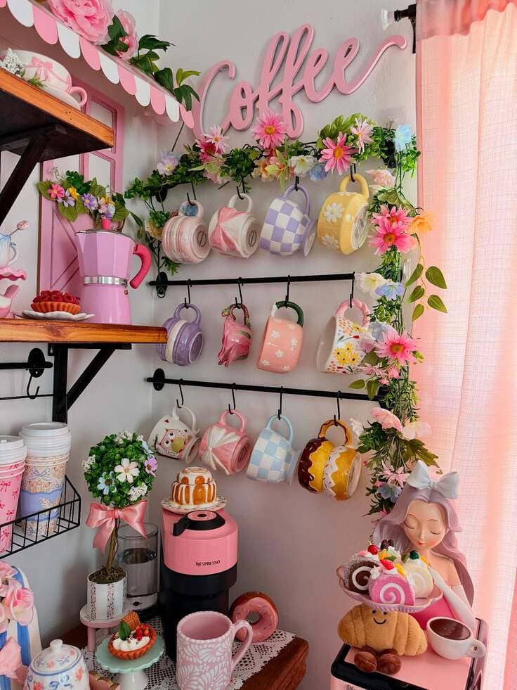 A pastel-perfect coffee corner with mugs, blooms, and cozy charm
