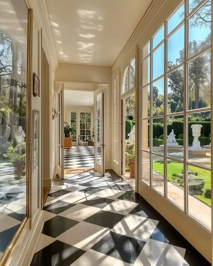 Elegant sunroom hallway with black and white checkerboard floor and classic garden views