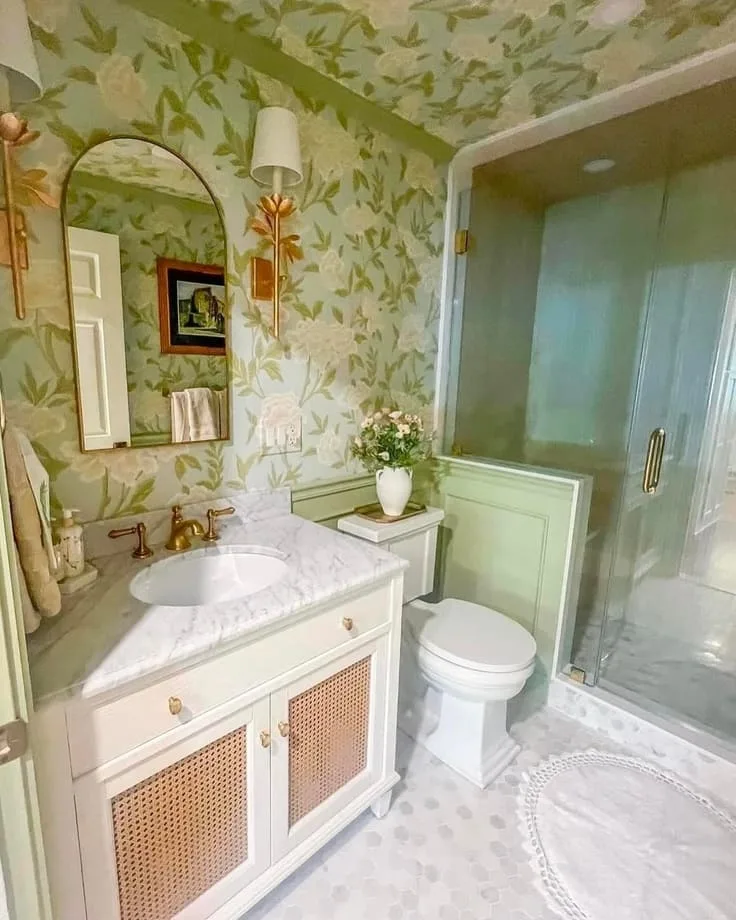 Soft green floral bathroom wallpaper with gold sconces and a marble vanity