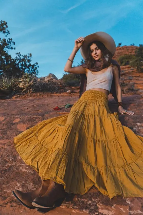 Tiered Pocket Bohemian Maxi Skirt in Gold