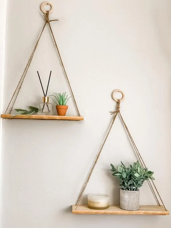 wooden bohemian hanging wall shelf