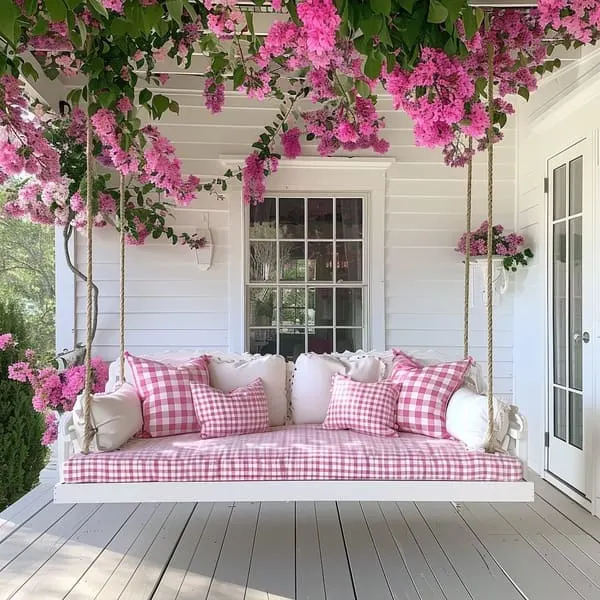 A white-painted porch with a daybed swing with pink gingham-cushioned pillows flanked by blooming pink bougainvillea above.