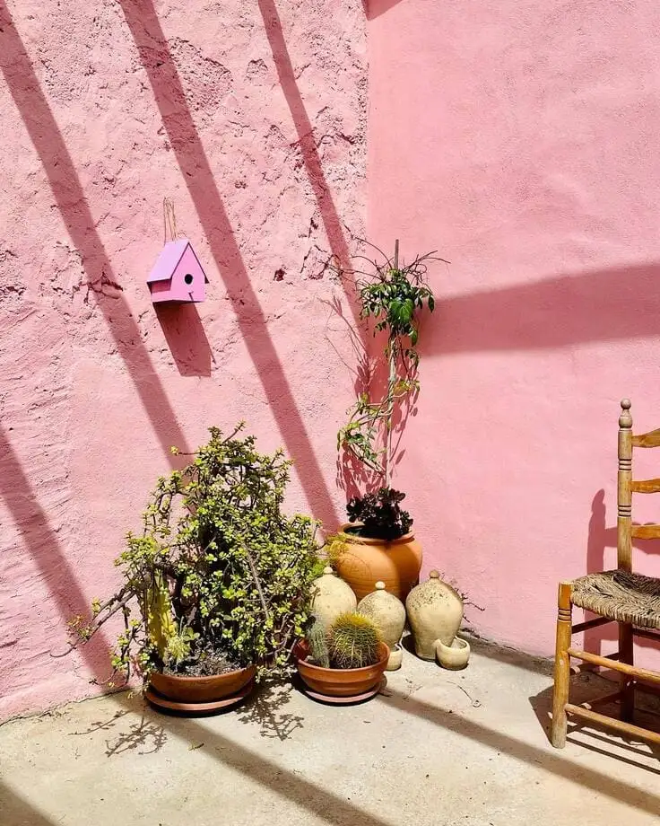 A rustic pink patio with a pink birdhouse, potted succulents, cacti, and earthenware pots.