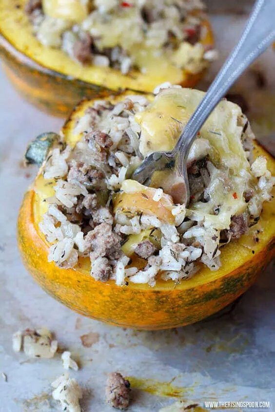 Stuffed Acorn Squash with Beef, Apple & Rice via @everythingabode